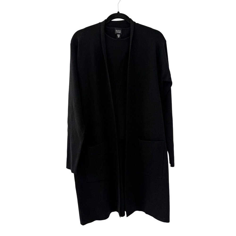 Eileen Fisher Black Wool Italian Yarn Long cardigan Tank‎ Set Open Front Size M